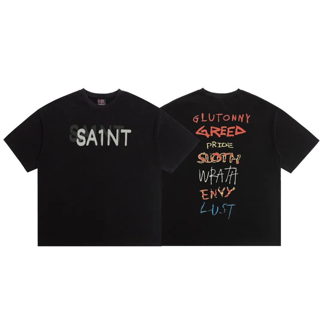 Saint Michael phantom letter print, vintage washed and distressed Vintage loose round neck short sleeves, digital white ink direct spray, the fabric is breathable, and the pattern is three-dimensional and clear. Fabric: Double yarn 240g Style number: S818 Size: S-M-L-XL Color: Washed black Price: P118